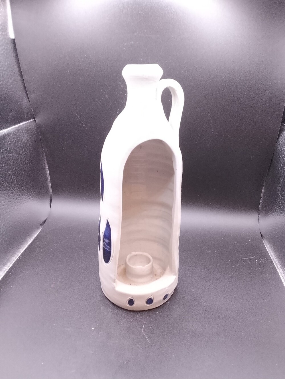 Gray With Blue Flowers Jug Shaped Tapered Candle Holder 8" Tall Pottery
